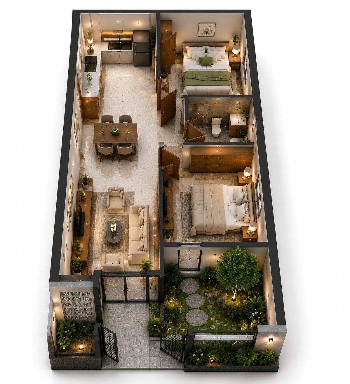 Gợi ý mẫu nhà cấp 4 2 phòng ngủ 5x12m có sân vườn phía trước nhà