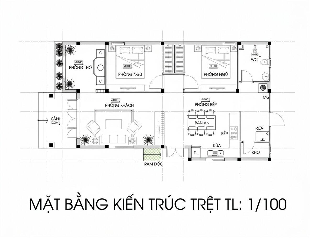 Bản vẽ mặt bằng nhà cấp 4 2 phòng ngủ 70m2 7x10m