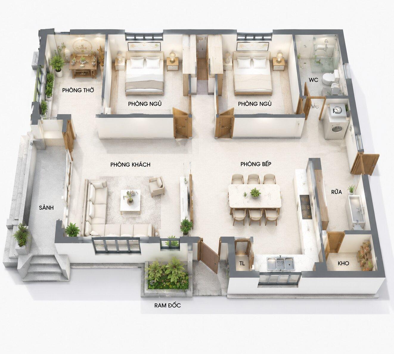Gợi ý mẫu bố trí công năng cho nhà 70m2 7x10 2 phòng ngủ