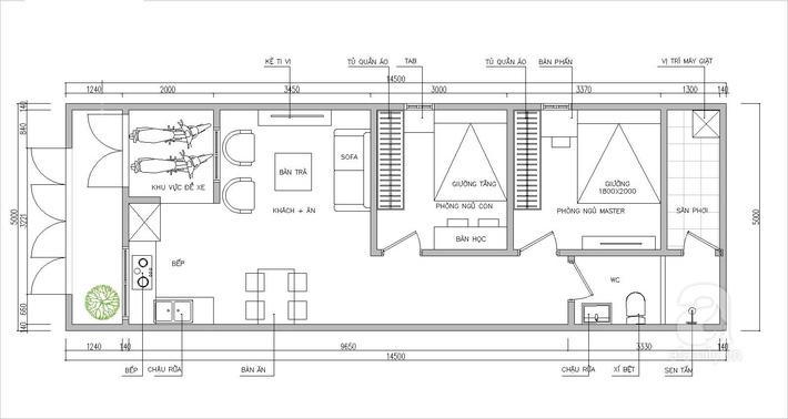 Bản vẽ bố trí công năng nhà cấp 4 2 phòng ngủ 70m2 5x14m (Nguồn: Internet)
