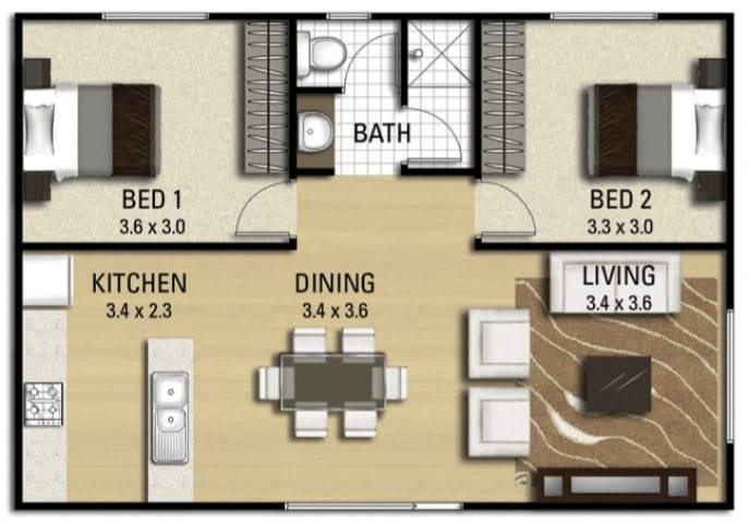 Gợi ý cách bố trí 2 phòng ngủ ở 2 bên cho nhà cấp 4 70m2 (Nguồn: Internet)