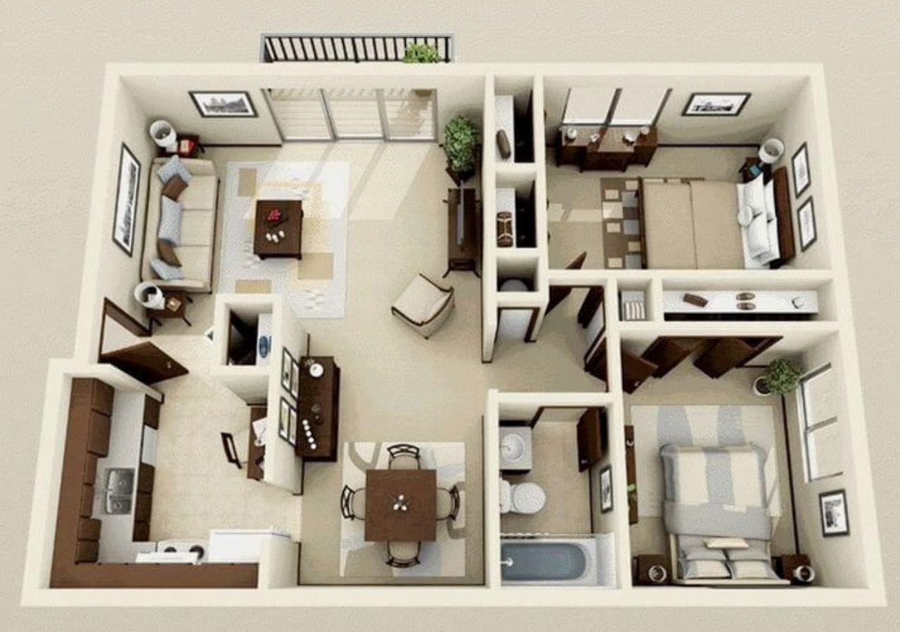 Bản vẽ mặt bằng 3D nhà cấp 4 70m2 có phòng khách - bếp 1 bên, 2 phòng ngủ 1 bên (Nguồn: Internet)