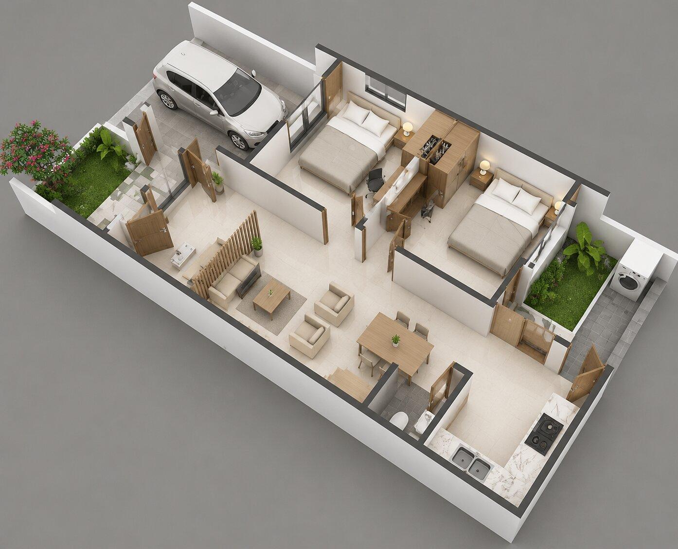 Bản vẽ mặt bằng nhà cấp 4 70m2 phân chia không gian theo chiều dọc