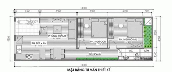 Bản vẽ mặt bằng nhà cấp 4 70m2 2 phòng ngủ ở cuối nhà (Nguồn: Internet)
