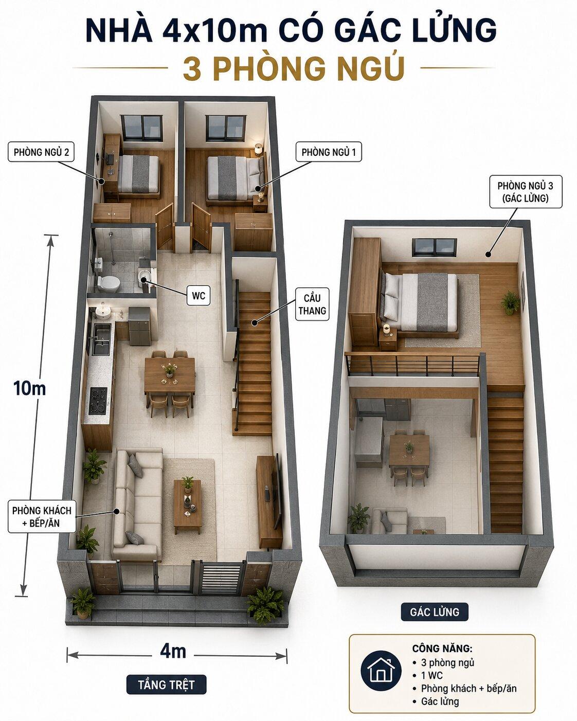 Gợi ý cách bố trí công năng 3 phòng ngủ trong nhà cấp 4 4x10m có gác lửng