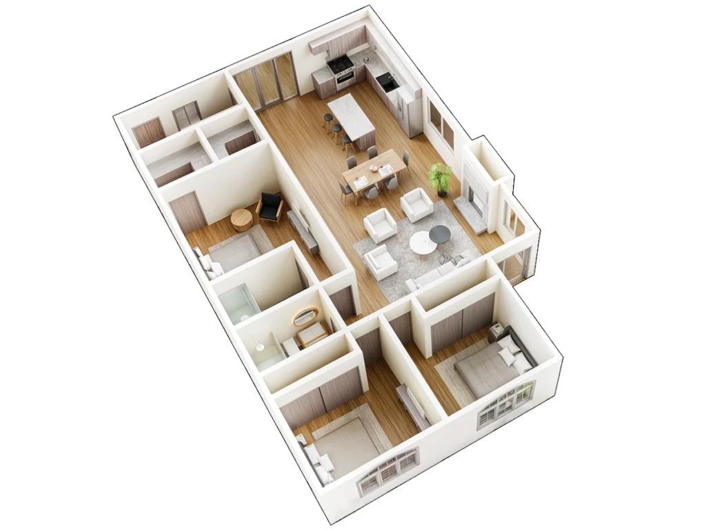 Bản vẽ nhà 70m2 bố trí 3 phòng ngủ tập trung phía sau tối ưu riêng tư (Nguồn: Internet)