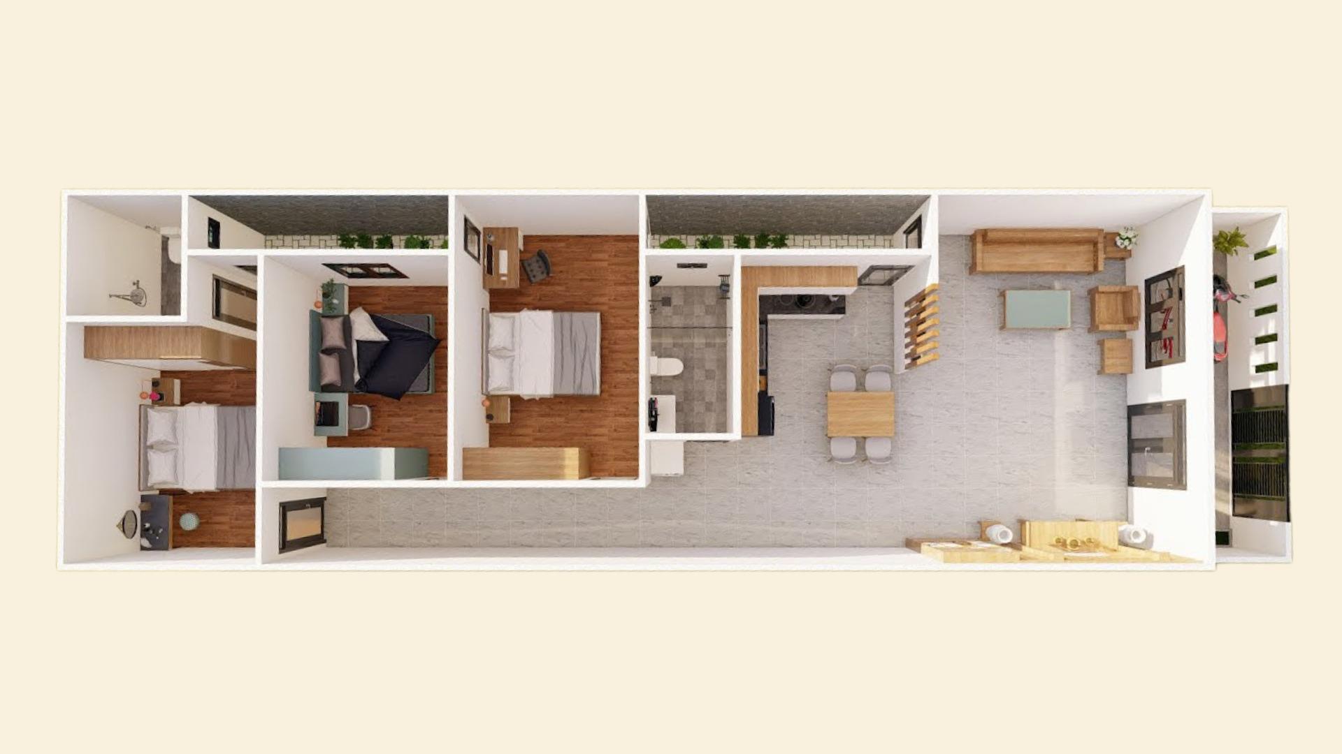 Mặt bằng nhà 70m2 ưu tiên không gian mở cho khu sinh hoạt chung