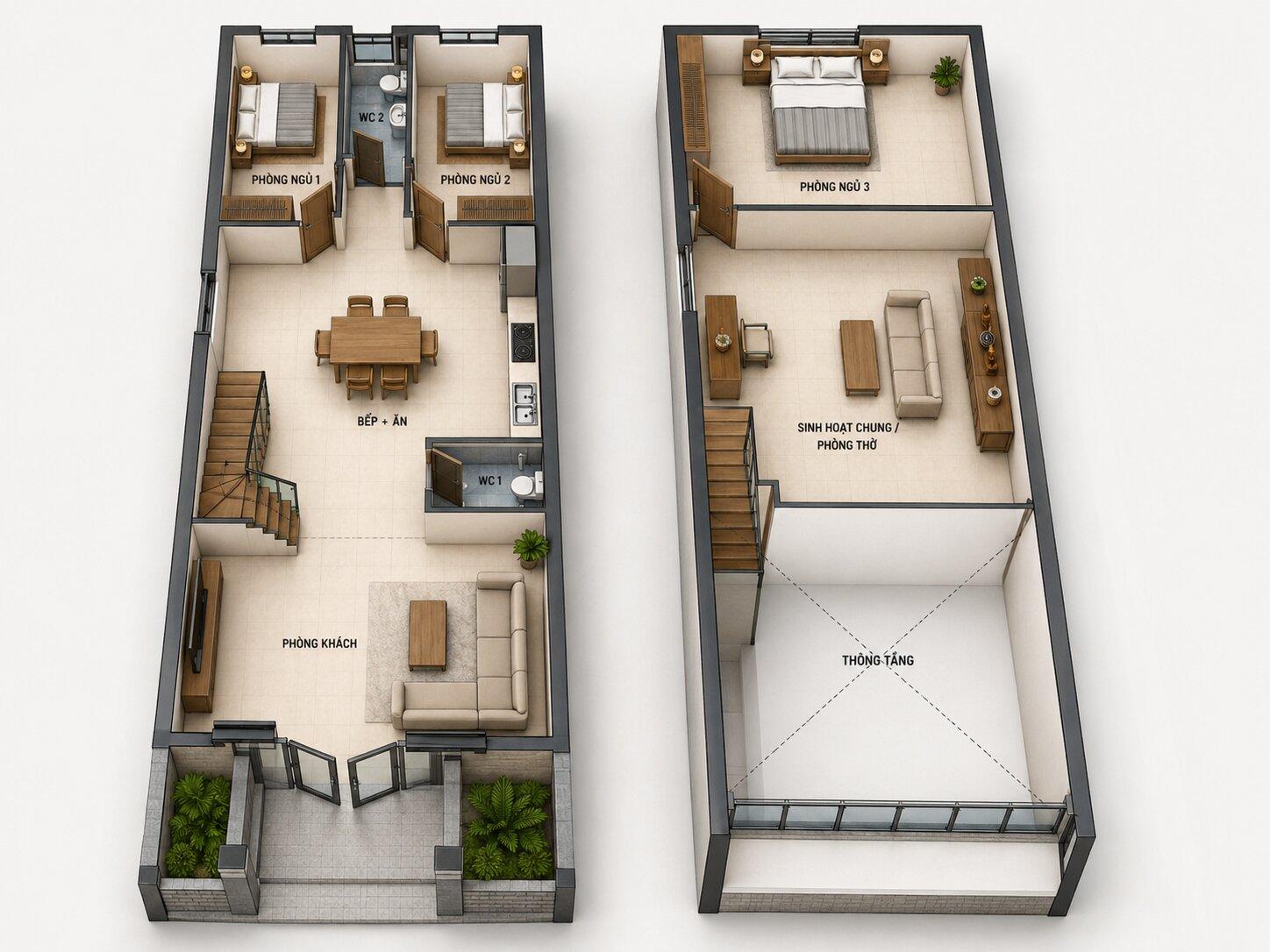 Gợi ý cách bố trí 3 phòng ngủ cho nhà cấp 4 6x20m có gác lửng