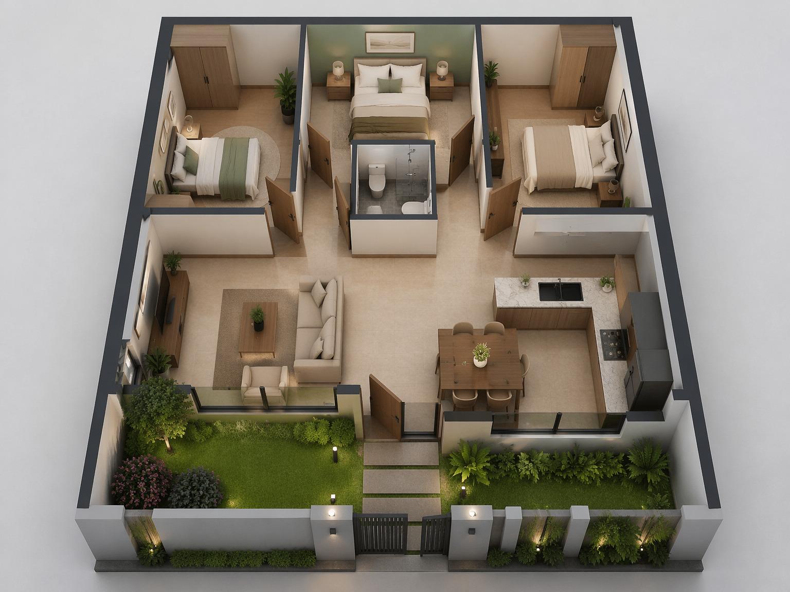 Mặt bằng nhà 80m² phân chia công năng cân đối giữa phòng khách và phòng ngủ