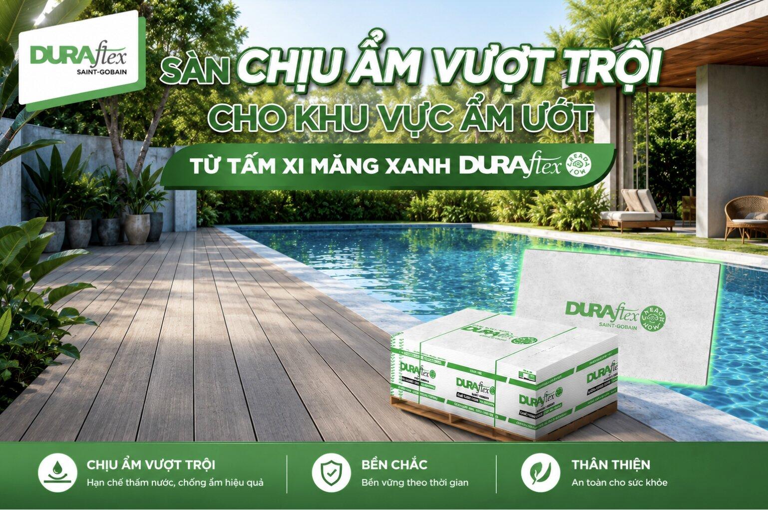 Sàn chịu ẩm vượt trội cho khu vực ẩm ướt từ tấm xi măng xanh Duraflex