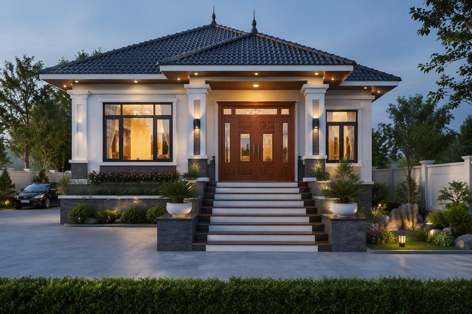 Phối cảnh ngoại thất nổi bật với đường mái thanh thoát và hài hòa