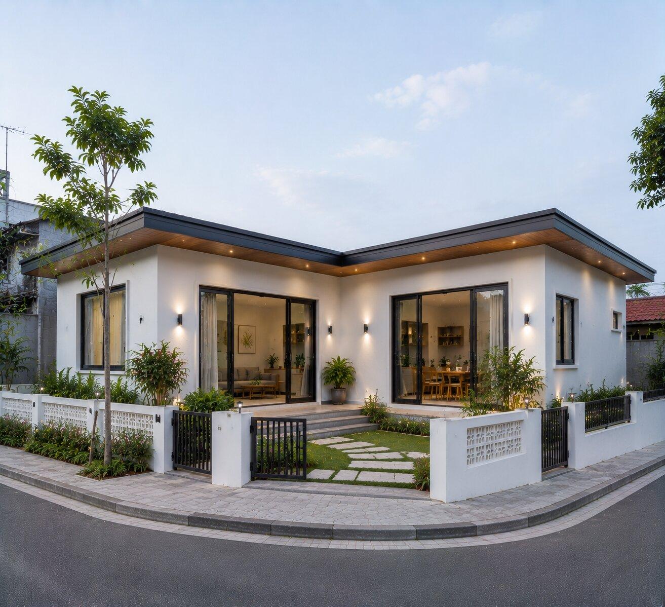 Căn nhà cấp 4 chữ L hai mặt tiền hiện đại và sang trọng nhờ sự kết hợp hài hòa giữa tường trắng và hệ sân vườn