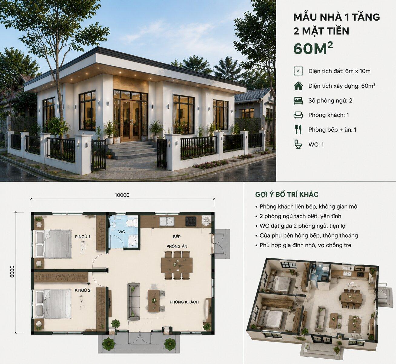 Mẫu nhà cấp 4 hai mặt tiền 60m2 sở hữu thiết kế hiện đại, sang trọng với khuôn viên sân vườn được bố trí tiểu cảnh xanh mát