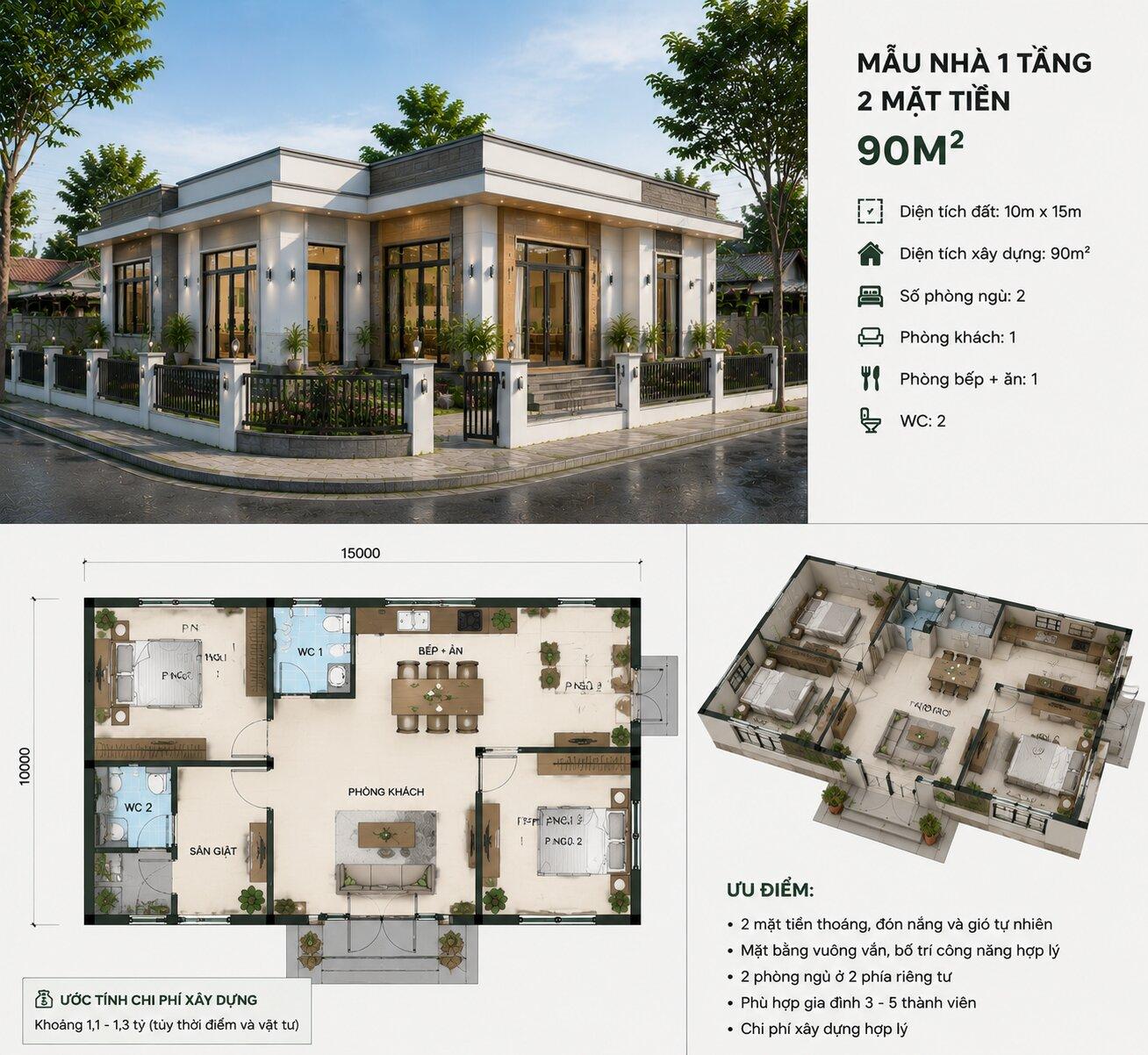 Mẫu nhà cấp 4 hai mặt tiền 90m2 mang phong cách hiện đại đầy sang trọng với thiết kế mái bằng
