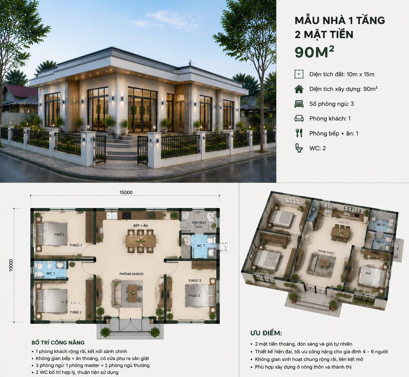 Bản vẽ mặt bằng bố trí công năng khoa học và tiện nghi cho mẫu nhà cấp 4 hai mặt tiền diện tích 90m2 với 3 phòng ngủ rộng rãi