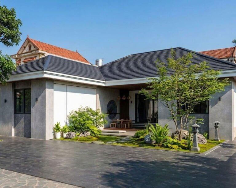 Mẫu nhà cấp 4 nông thôn 2 phòng ngủ 60m2 với thiết kế chữ L kết hợp sân vườn (Nguồn: Internet)