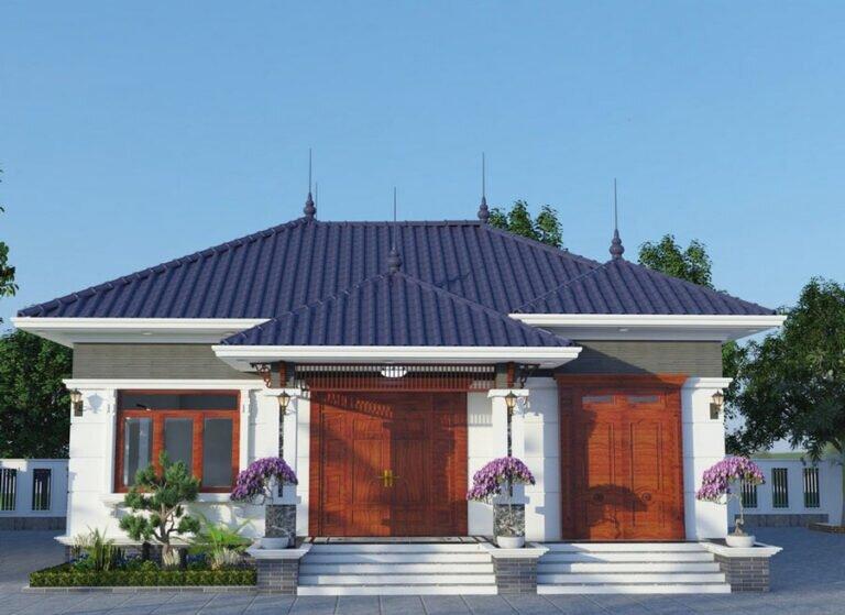 Mặt tiền nhà cấp 4 3 gian 2 phòng ngủ ở nông thôn sử dụng cửa gỗ lớn(Nguồn: Internet)