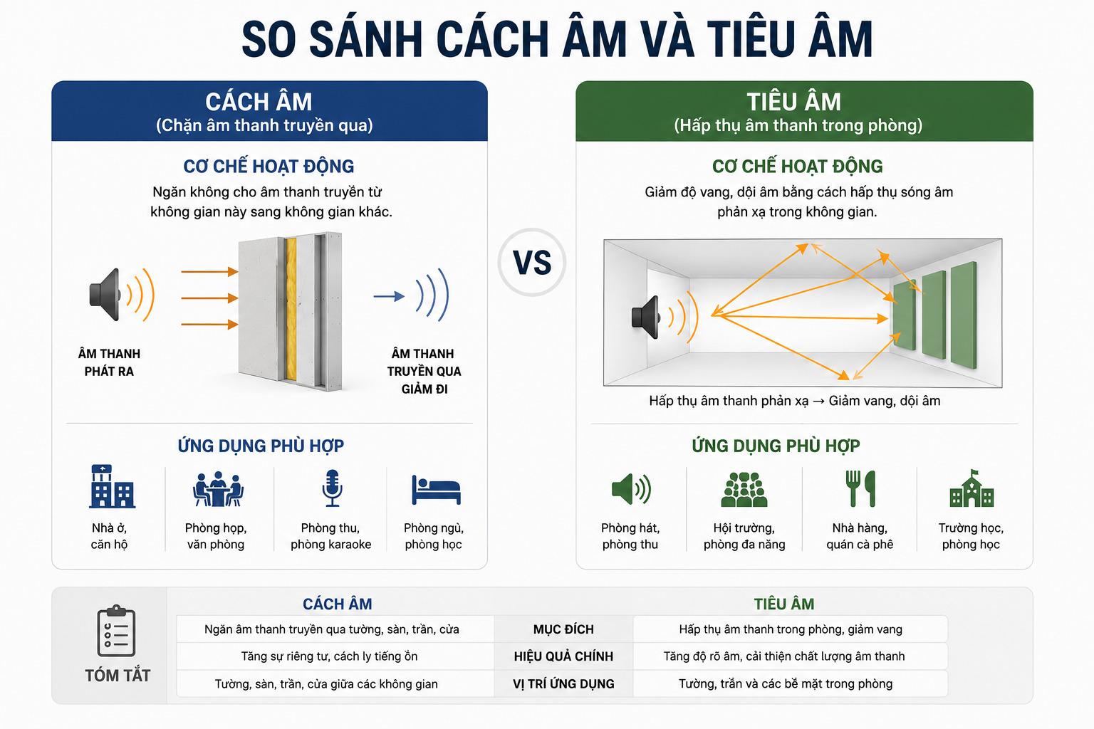 Gia chủ cần hiểu rõ sự khác biệt giữa cách âm và tiêu âm để chọn được vật liệu phù hợp