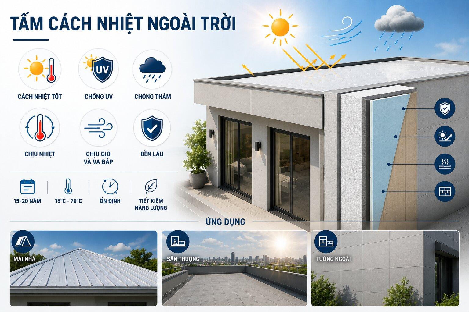 Tấm cách nhiệt ngoài trời cần những yêu cầu cao hơn về hiệu quả cách nhiệt và độ bền so với tấm cách nhiệt trong nhà