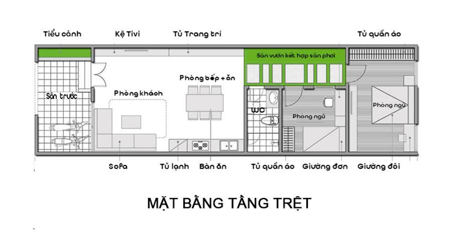 Bản vẽ mặt bằng nhà cấp 4 60m2 2 phòng ngủ có sân vườn/hiên nhà (Nguồn: Internet)