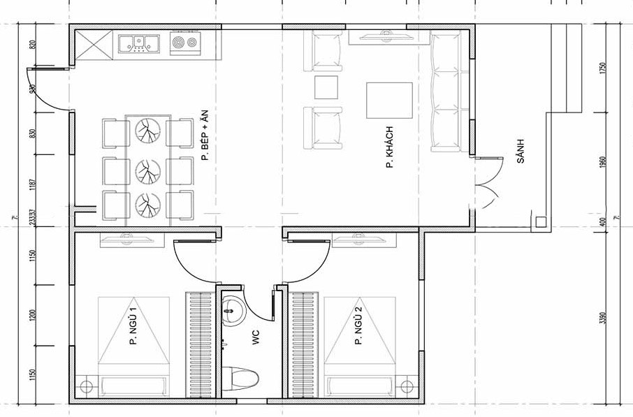 Bản vẽ nhà cấp 4 60m2 2 phòng ngủ đối diện (Nguồn: Internet)