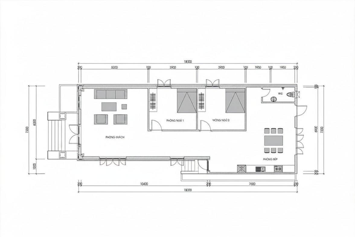 Bản vẽ nhà cấp 4 60m2 2 phòng ngủ ở giữa nhà (Nguồn: Internet)