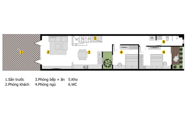 Bản vẽ nhà cấp 4 60m2 2 phòng ngủ ở cuối nhà (Nguồn: Internet)
