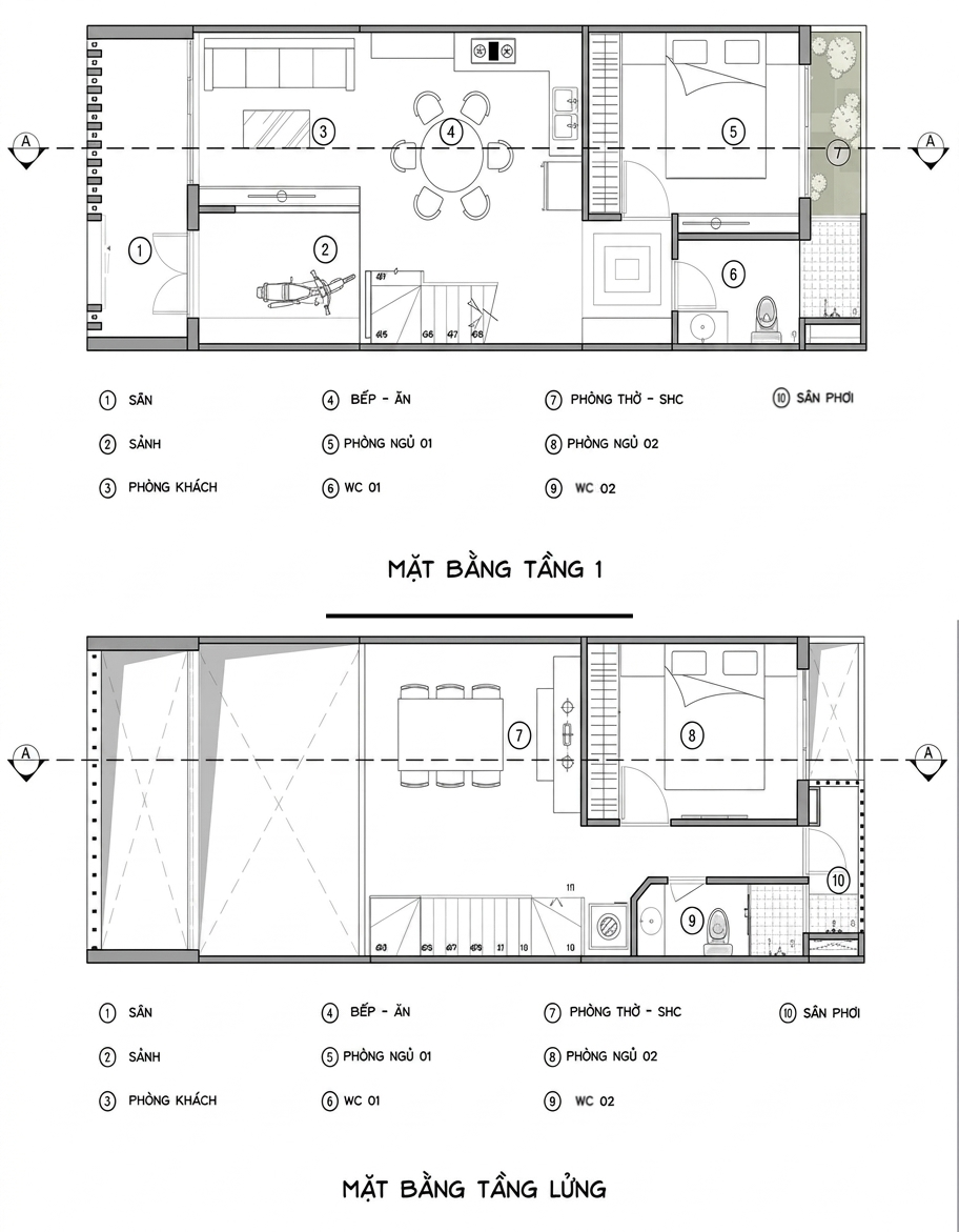 Bản vẽ nhà cấp 4 60m2 1 phòng ngủ bên dưới, 1 phòng ngủ trên gác lửng (Nguồn: Internet)