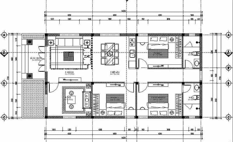 Bản vẽ nhà cấp 4 6x15m bố trí 3 phòng ngủ kiểu chữ L được ưa chuộng (Nguồn: Internet)