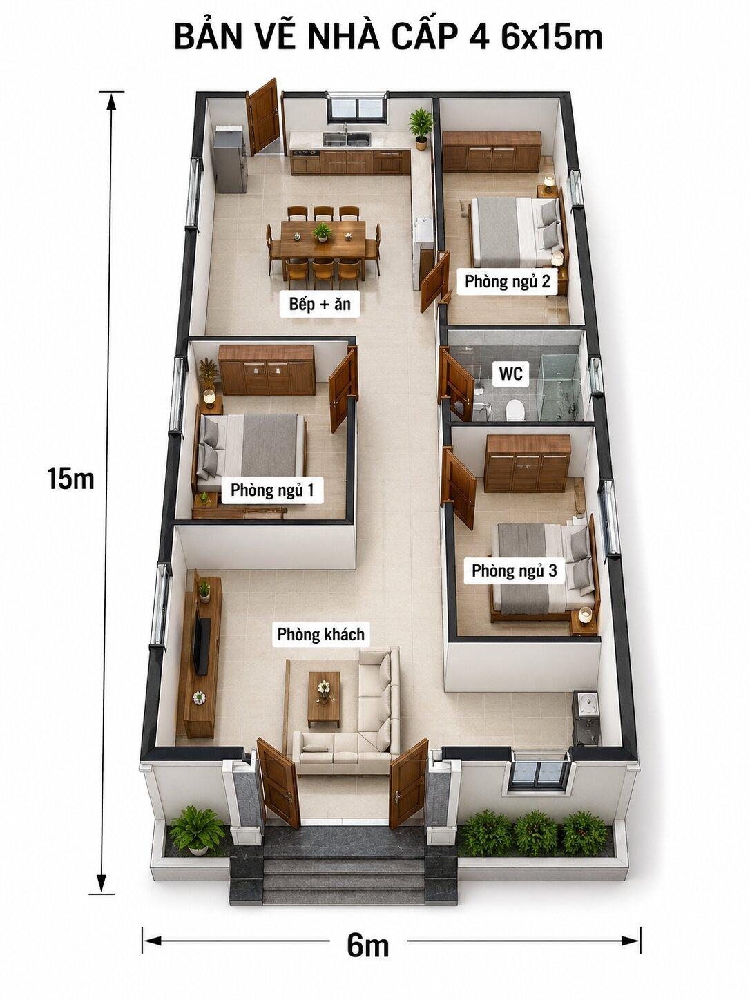 Bản vẽ nhà cấp 4 6x15m 3 phòng ngủ bố trí hình chữ U