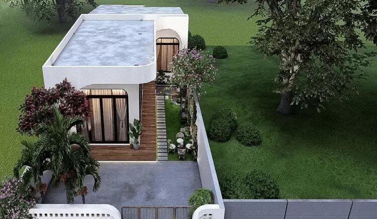 Mẫu nhà cấp 4 mái bằng với khoảng sân rộng để thư giãn hoặc đổ xe (Nguồn: Internet)
