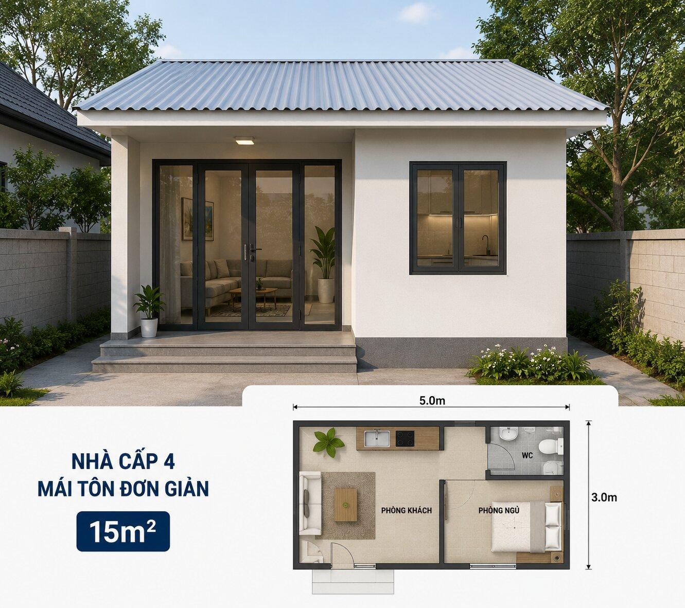 Với 70 triệu, gia chủ có thể xây được nhà cấp 4 mái tôn đơn giản với diện tích khoảng 15m2