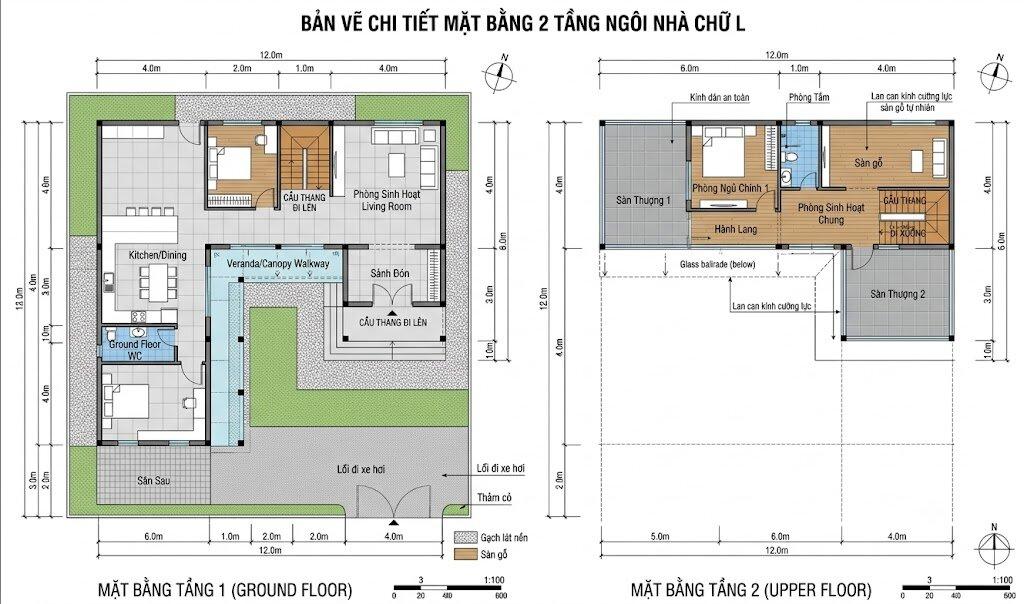 Bản vẽ chi tiết mặt bằng nhà chữ L 2 tầng 7x11m mái bằng