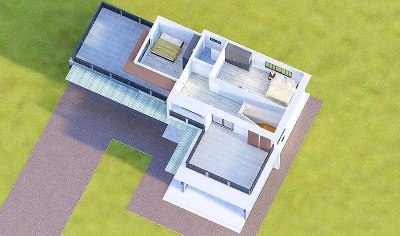 Phối cảnh 3D mặt tiền nhà chữ L 2 tầng hiện đại mái bằng (Nguồn: Internet)
