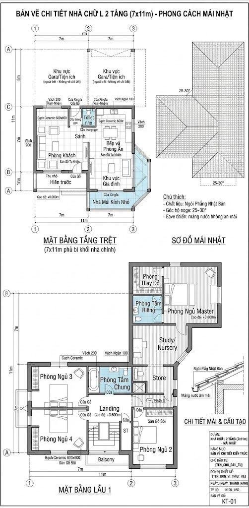 Bản vẽ chi tiết mặt bằng nhà chữ L 2 tầng 7x11m mái Nhật