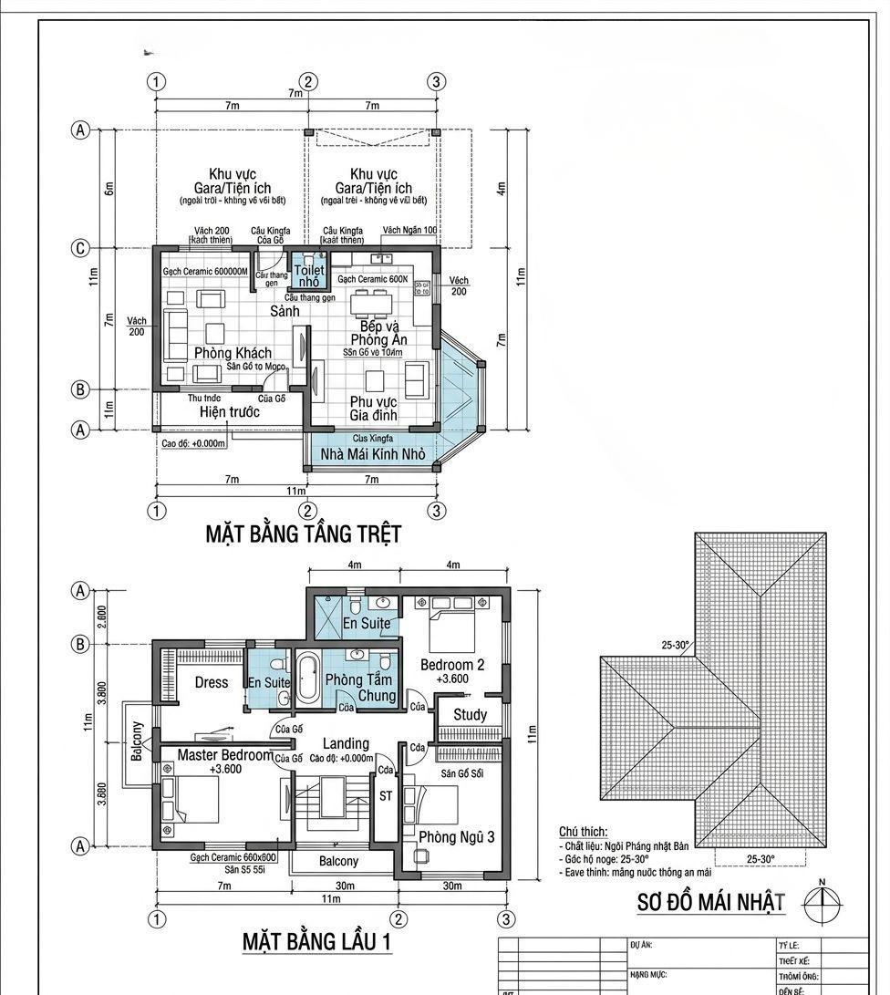 Bản vẽ chi tiết mặt bằng nhà chữ L 2 tầng 7x11m tân cổ điển