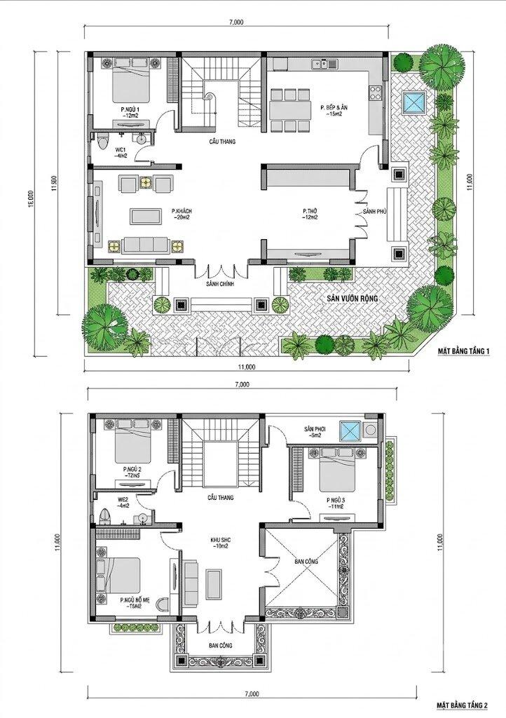 Bản vẽ chi tiết mặt bằng mẫu nhà chữ L 2 tầng 7x11m có sân vườn