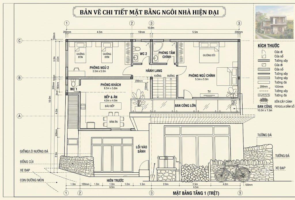 Bản vẽ chi tiết mặt bằng nhà chữ L 2 tầng 7x11m nông thôn