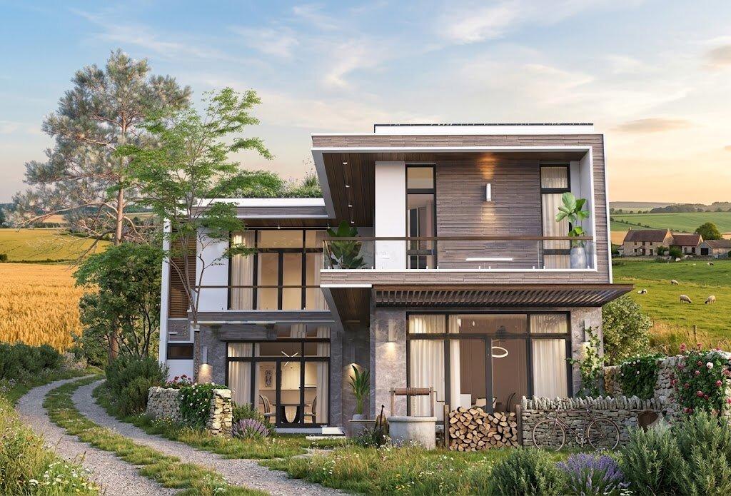 Phối cảnh 3D nhà chữ L phù hợp vùng nông thôn, ngoại thành