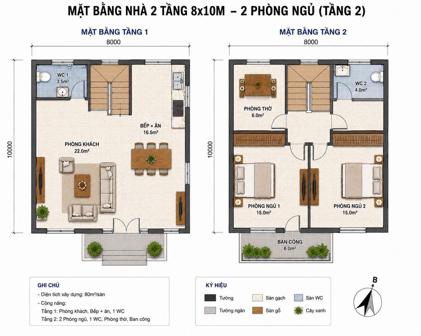 Bản vẽ mặt bằng 2D chi tiết nhà 2 tầng 8x10m 2 phòng ngủ