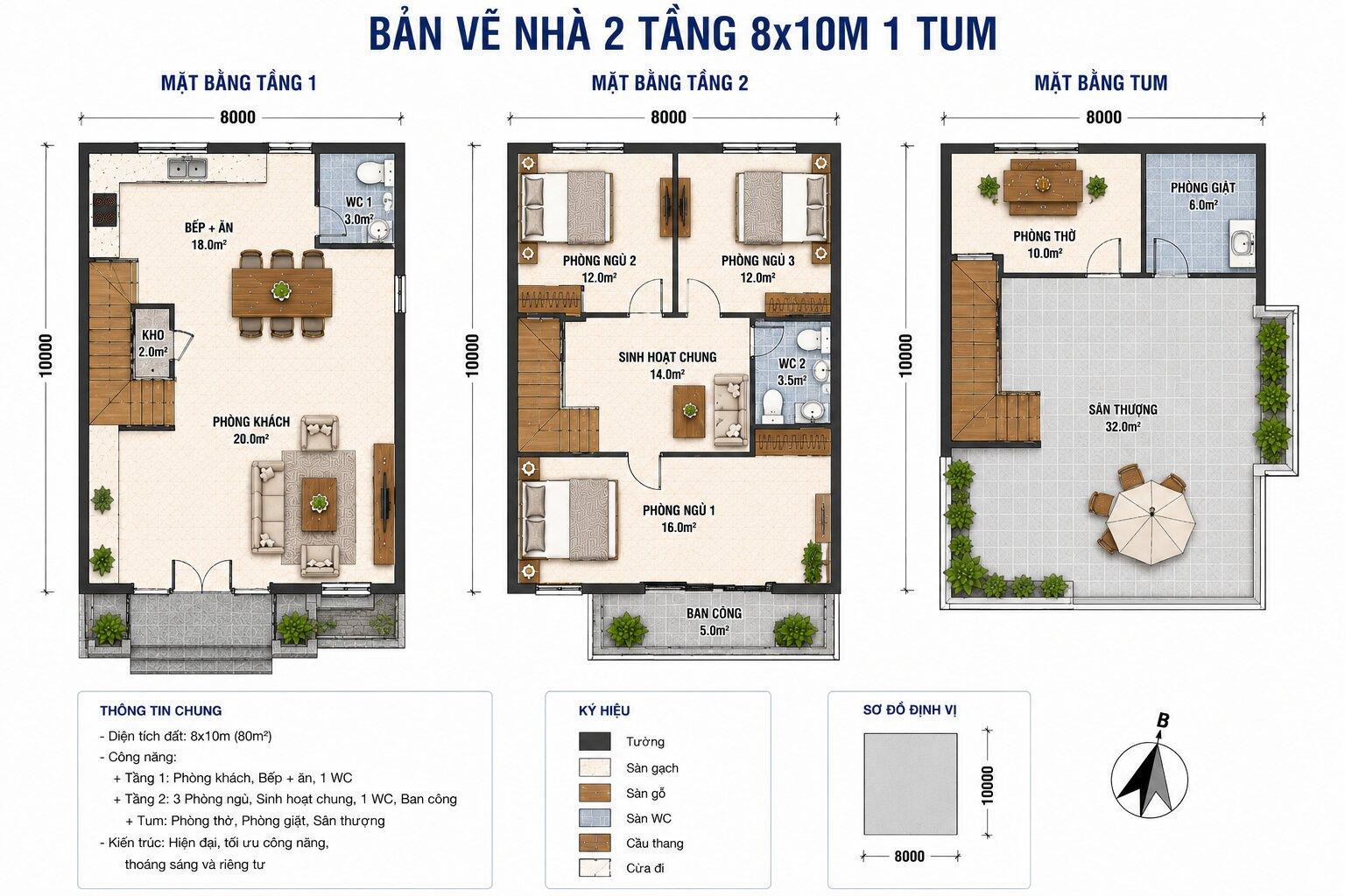 Bản vẽ mặt bằng 2D bố trí công năng tầng 1, tầng 2 và tầng tum 8x10m