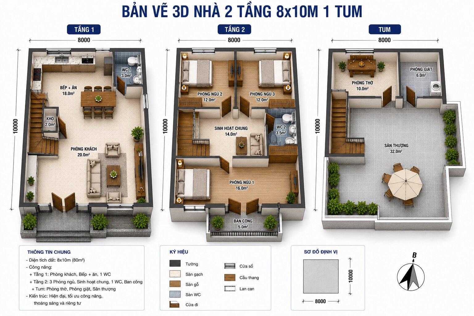 Bản vẽ phối cảnh 3D mẫu nhà 2 tầng 8x10m có tum