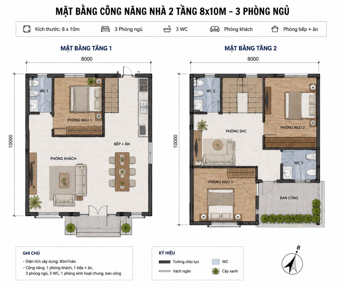 Bản vẽ mặt bằng 2D phân bổ công năng nhà 2 tầng 8x10m 3 phòng ngủ
