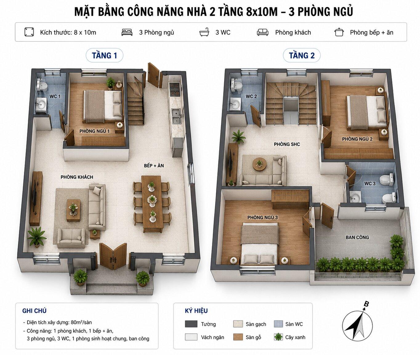 Bản vẽ phối cảnh 3D thể hiện cách bố trí các phòng nhà 8x10m 3 phòng ngủ