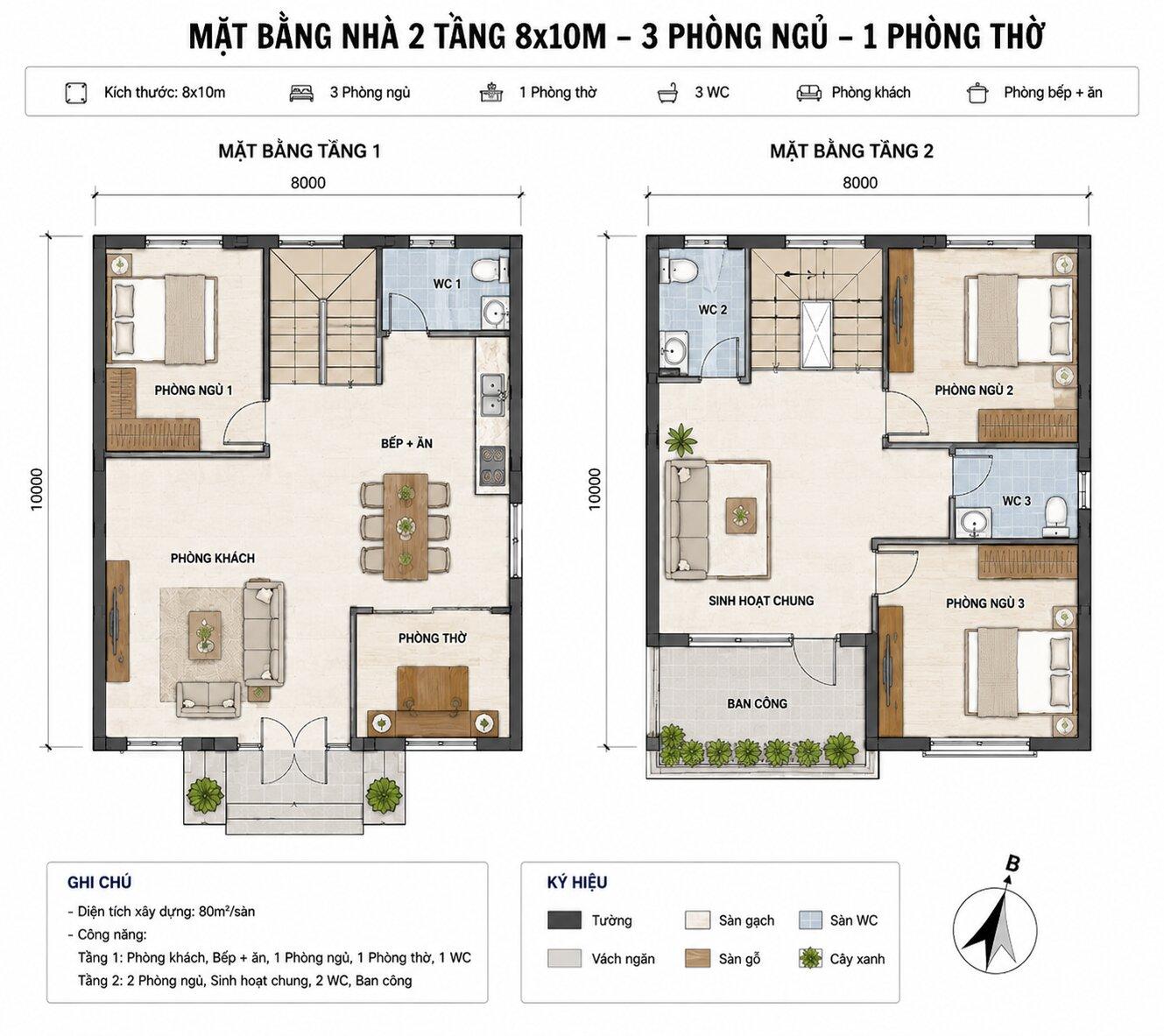Bản vẽ mặt bằng 2D nhà 2 tầng 8x10m tích hợp 3 phòng ngủ và 1 phòng thờ