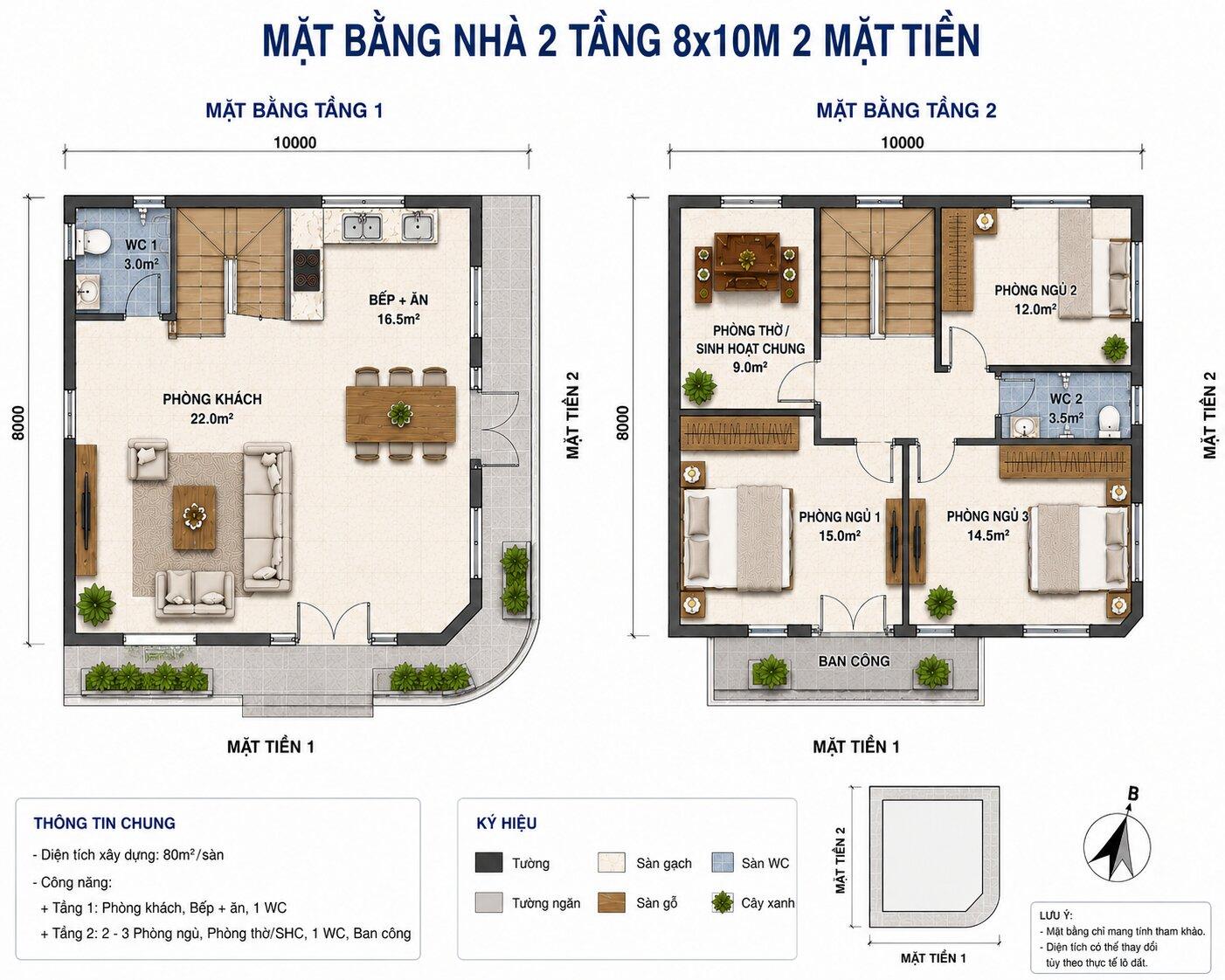 Bản vẽ mặt bằng 2D nhà 2 tầng 8x10m 2 mặt tiền
