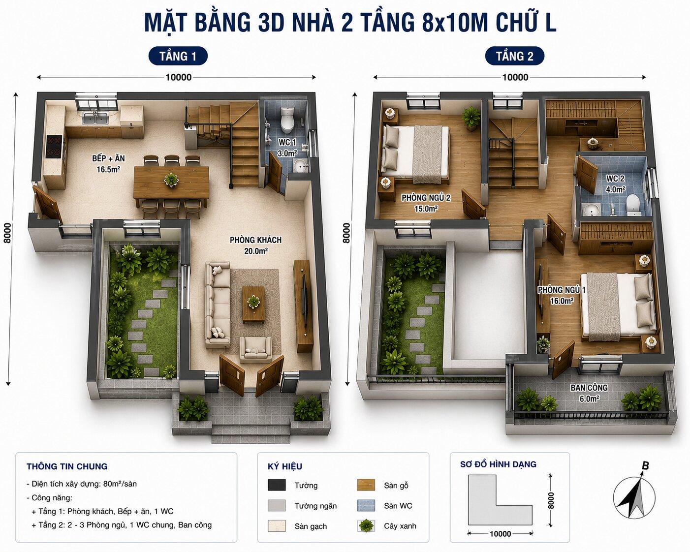 Bản vẽ phối cảnh 3D nhà chữ L 2 tầng 8x10m