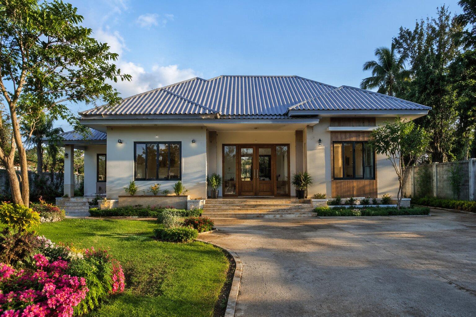 Mẫu nhà cấp 4 mái tôn nông thôn với khoảng sân rộng phía trước