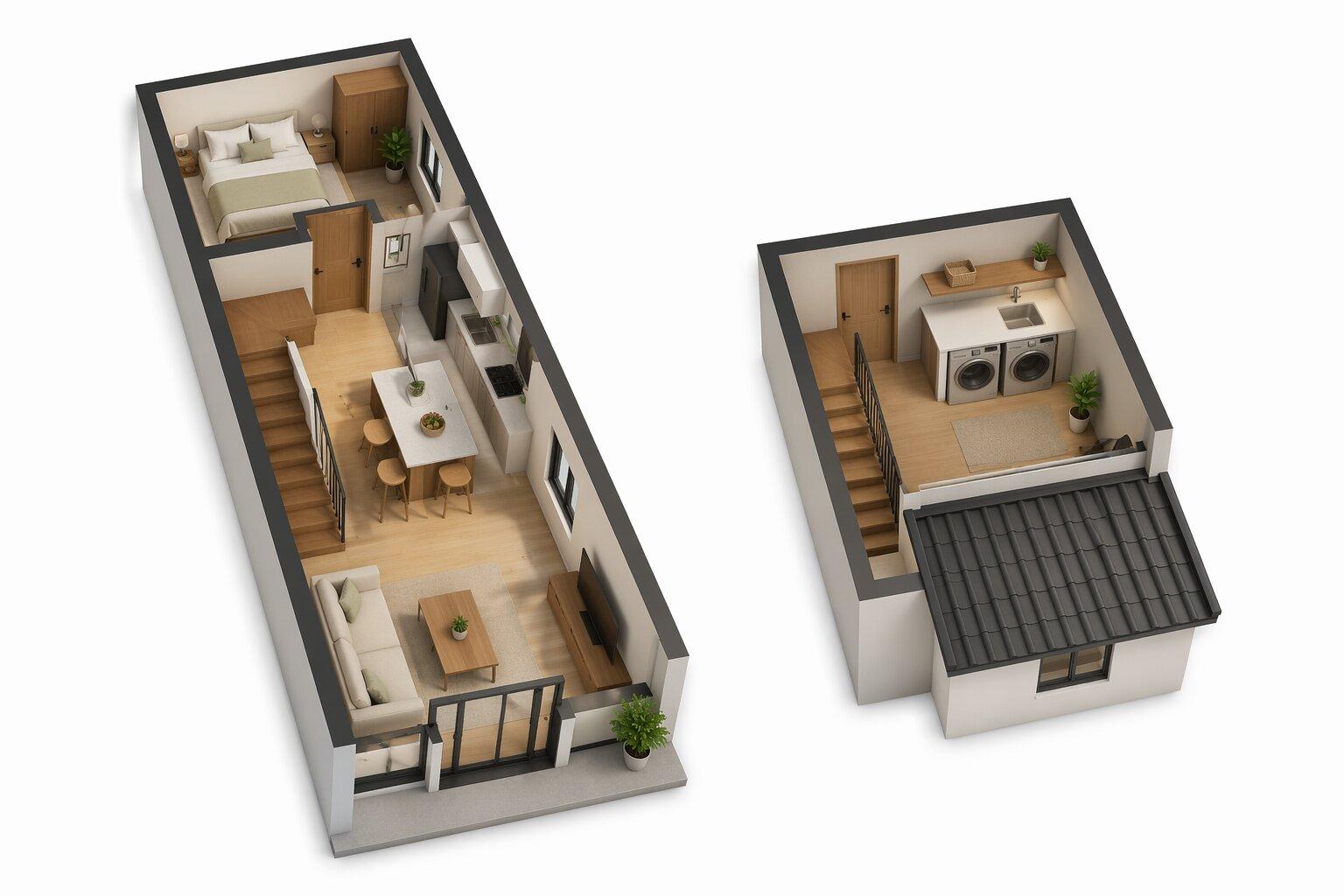 Phối cảnh nhà cấp 4 gác lửng 4x10m 1 phòng ngủ tối giản, phù hợp gia đình nhỏ