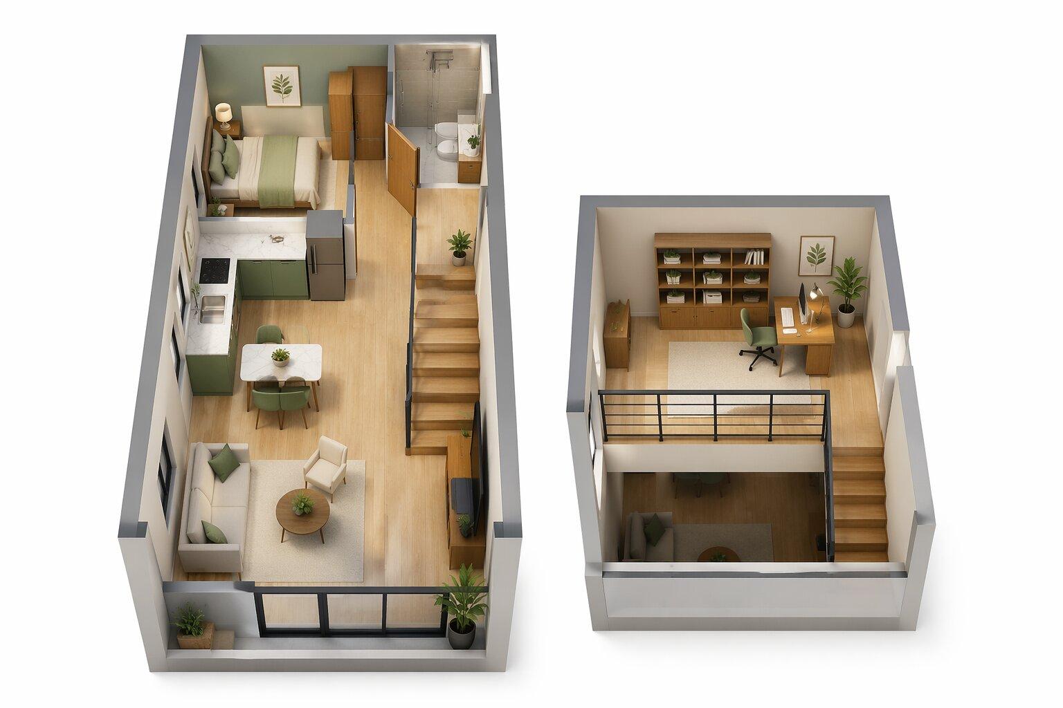 Bản vẽ bố trí công năng nhà 4x10m có gác lửng với không gian mở tiện nghi